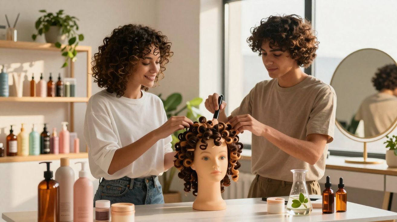 Duas pessoas arrumando cabelo de boneca de treinamento com cachos em salão iluminado.