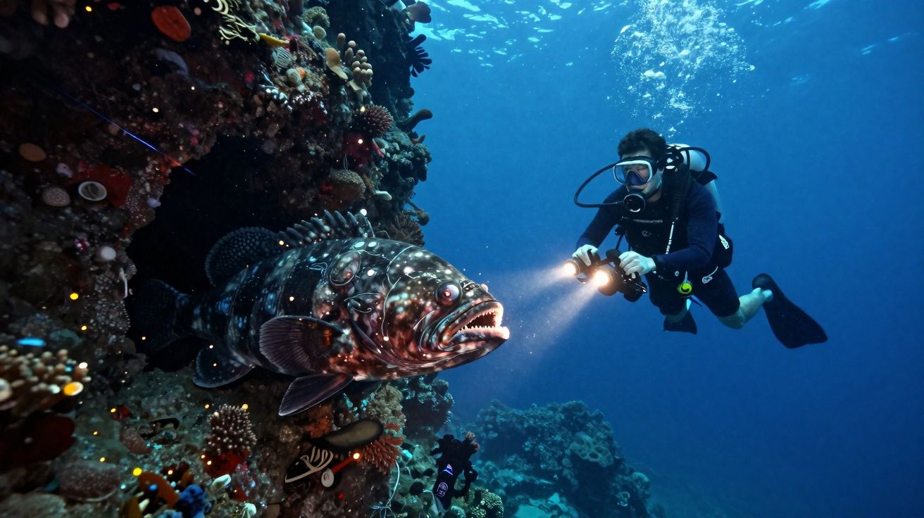 Mergulhador com lanterna iluminando um peixe grande em uma formação de corais no oceano.