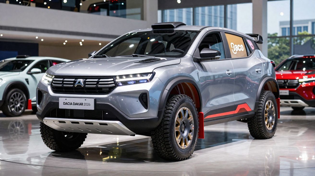 SUV prata Dacia Dakar 2026 em exposição, com para-lamas largos e pneus robustos off-road.