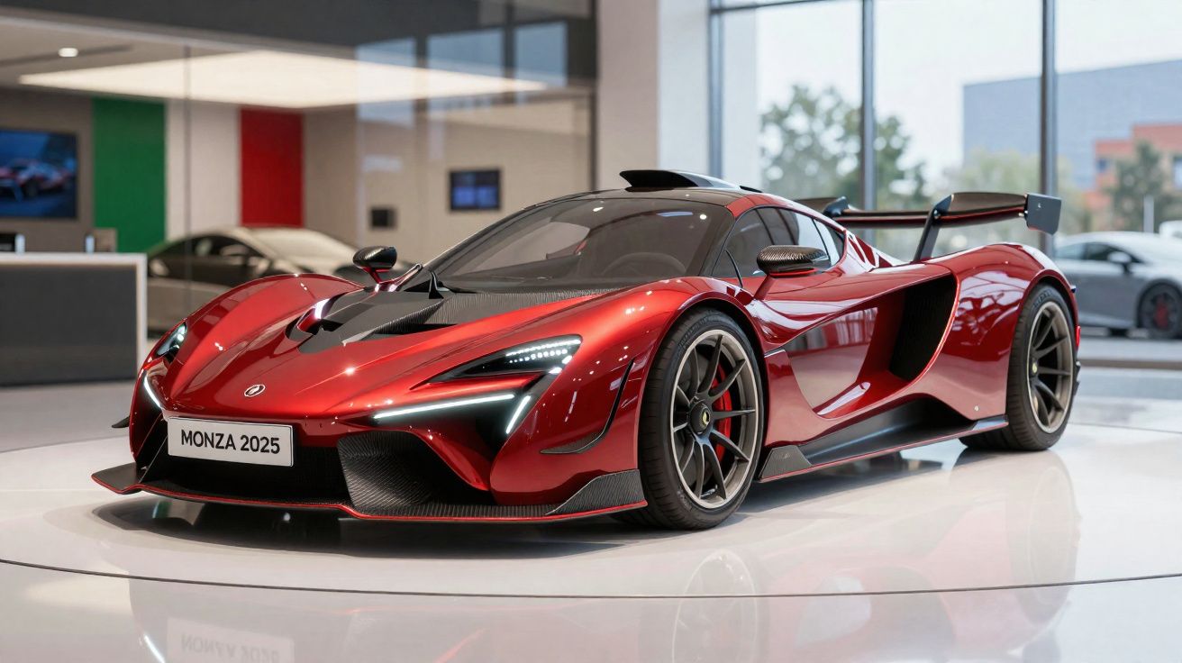 Carro esportivo vermelho Monza 2025 exibido em plataforma giratória dentro de showroom moderno.