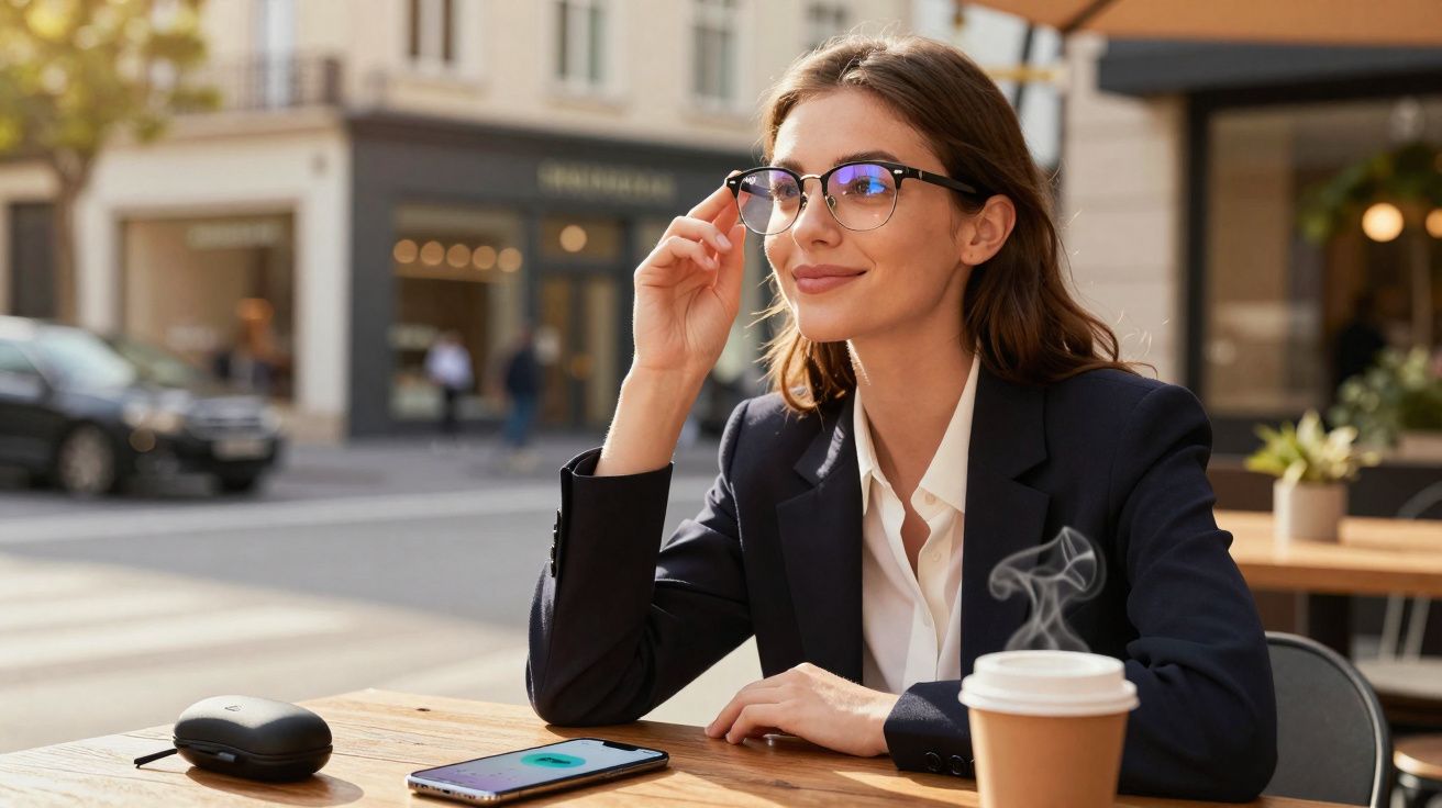 Mulher jovem com óculos sentada em mesa de café ao ar livre, com celular e café no local.