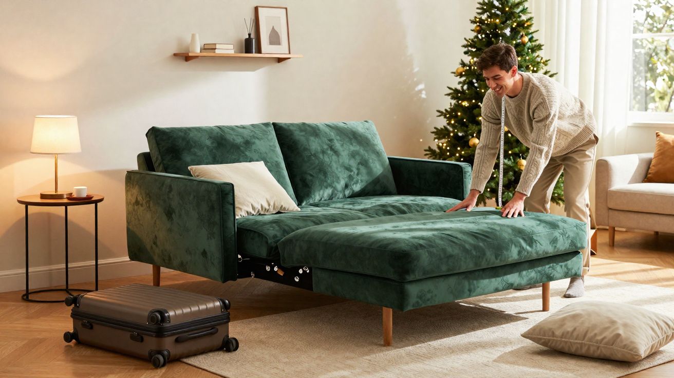 Homem transforma sofá verde em cama na sala decorada com árvore de Natal e luminária.