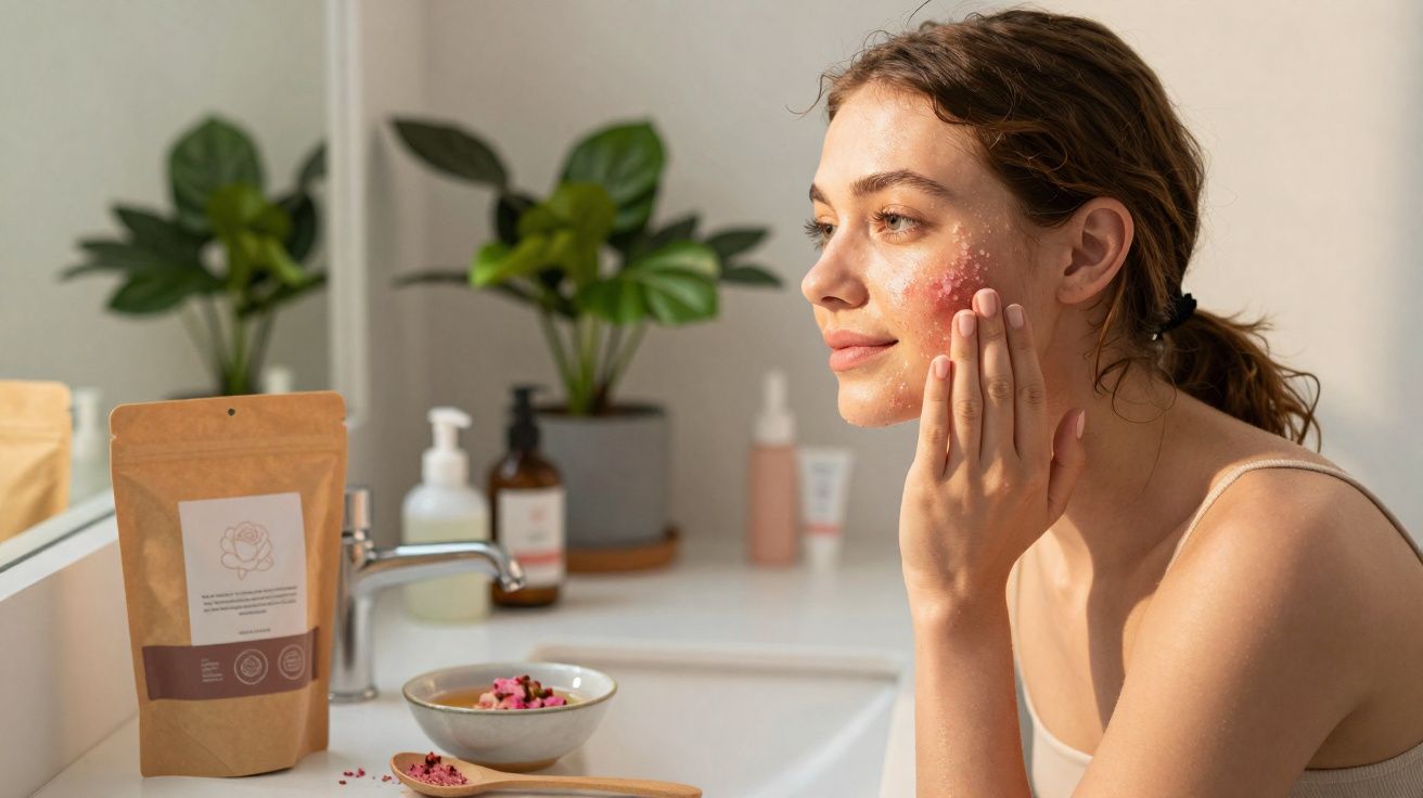 Mulher aplicando esfoliante facial no rosto em banheiro com planta ao fundo e produtos de skincare na pia.
