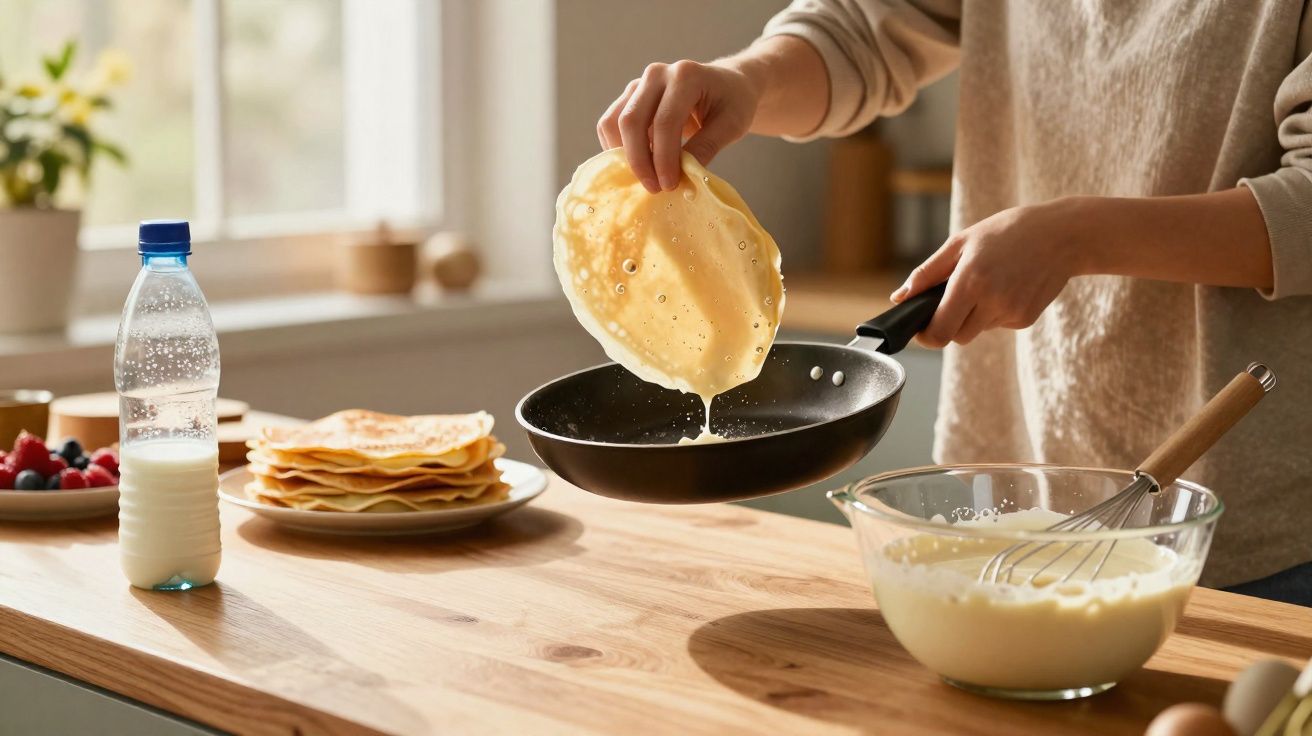 Pessoa preparando panquecas em frigideira na cozinha com ingredientes sobre a mesa de madeira.