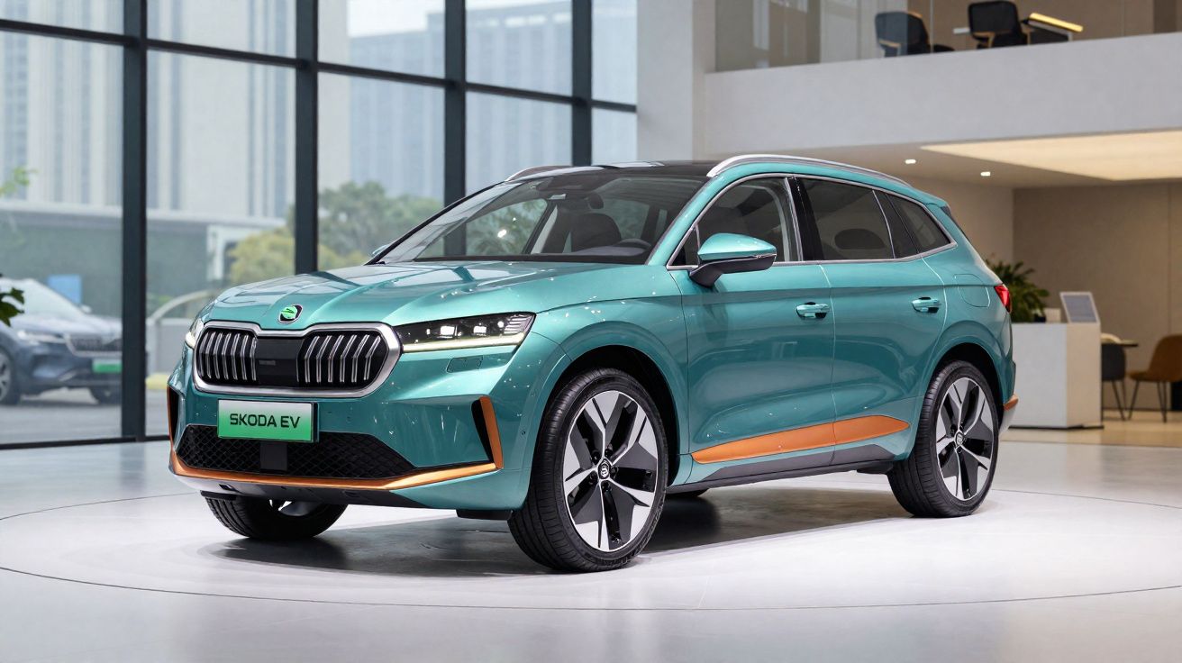 Carro elétrico Skoda EV verde com detalhes em laranja exibido em showroom moderno e iluminado.