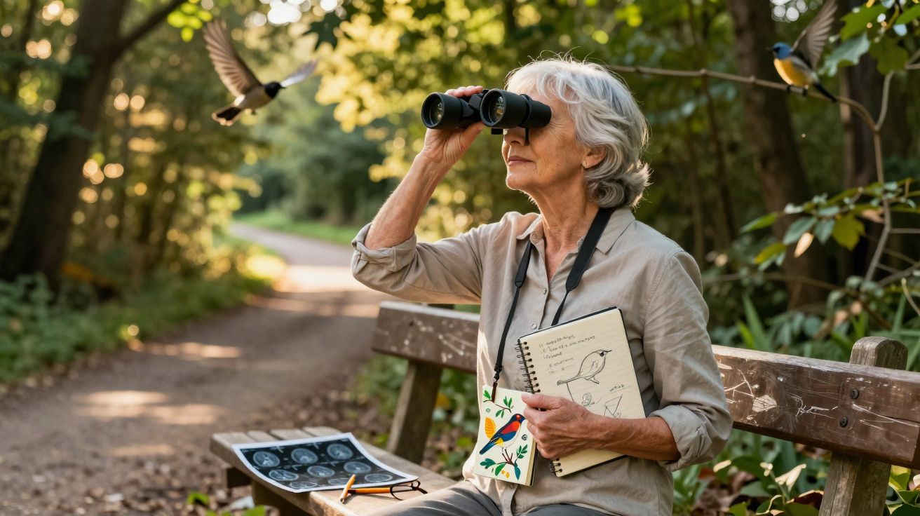 Mulher idosa observa pássaros com binóculo sentada em banco no parque, com caderno e desenhos de aves.