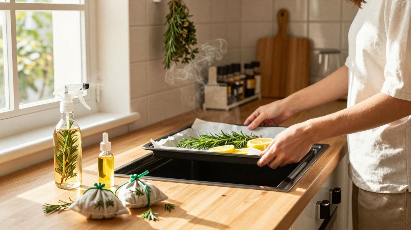 Pessoa colocando assadeira com ervas e limão em forno embutido na cozinha ensolarada.