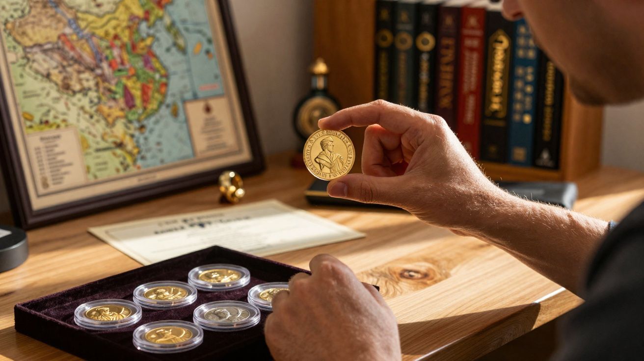 Pessoa segurando moeda dourada de coleção em escritório com livros e mapa na parede.