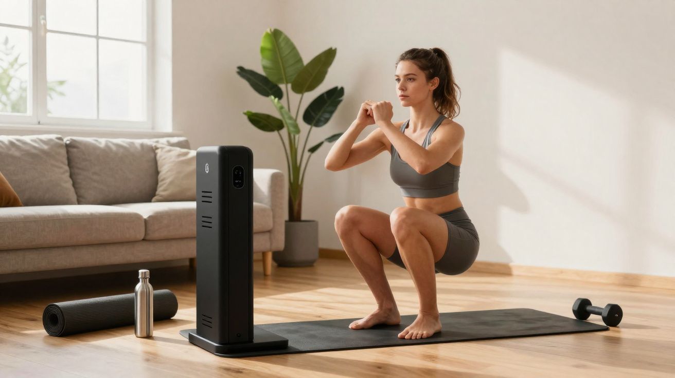 Mulher fazendo agachamento em tapete de yoga na sala com pesos, garrafa e planta ao fundo.
