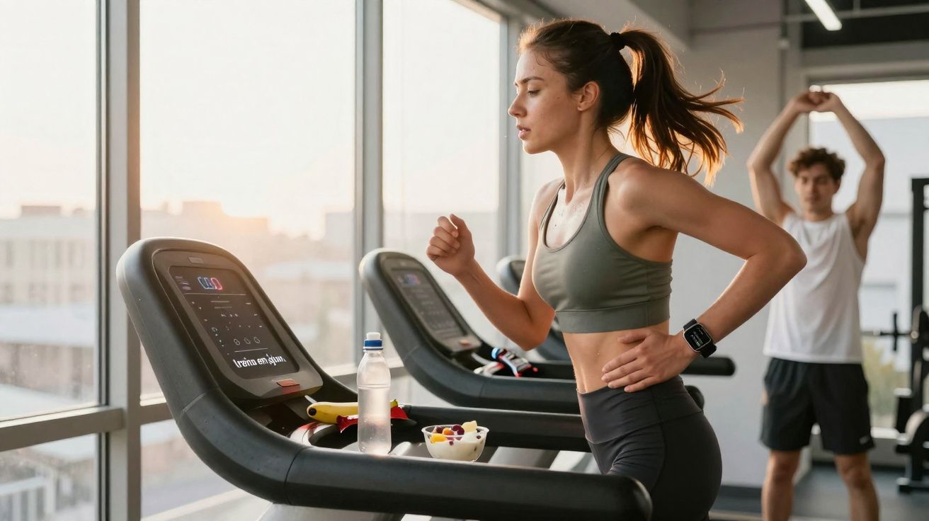 Mulher correndo na esteira na academia com homem se alongando ao fundo próximo à janela.