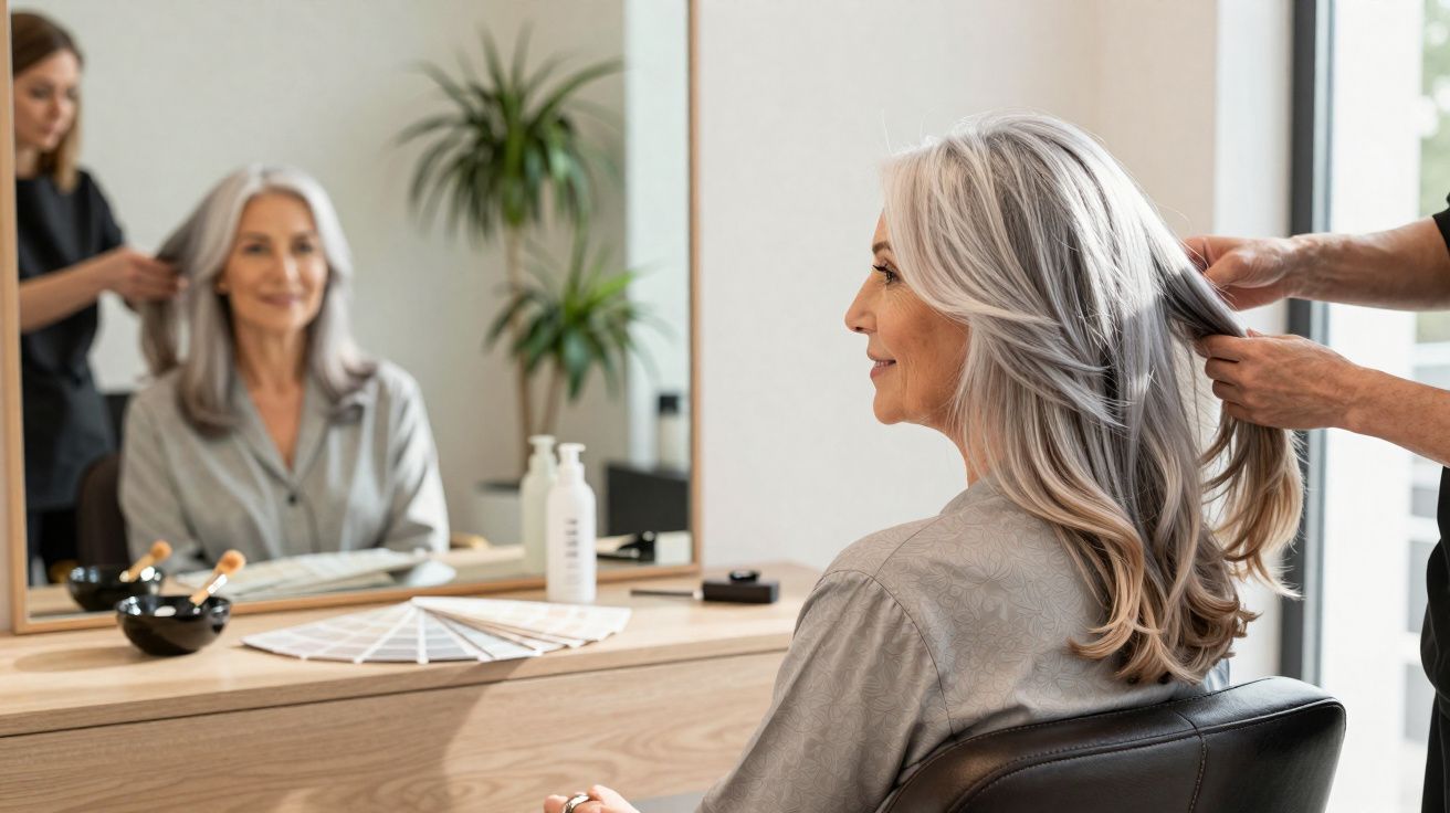 Mulher madura sorridente recebendo penteado em salão de beleza, sentada em cadeira diante de espelho.
