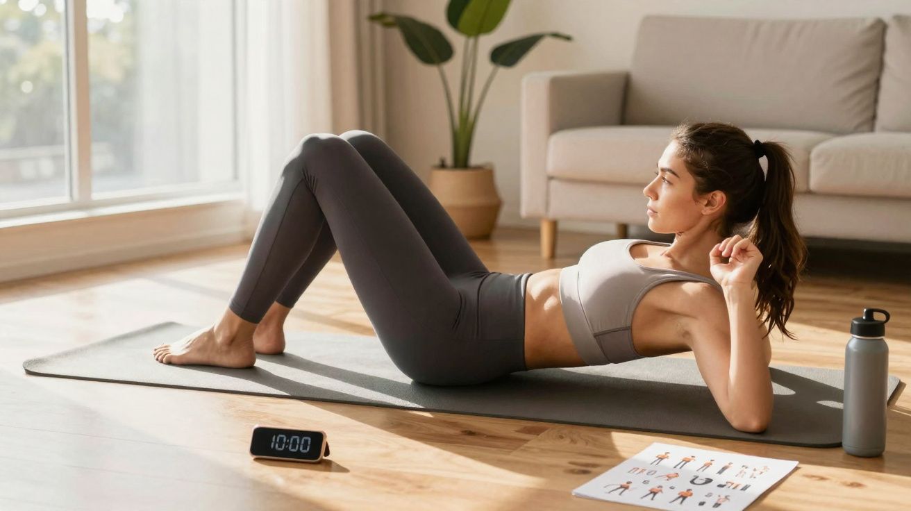 Mulher fazendo abdominal em tapete de yoga, ao lado de garrafa, cronômetro e guia de exercícios.