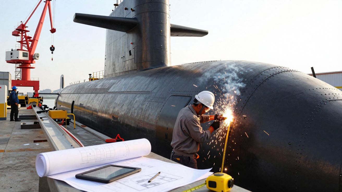 Homem com capacete soldando submarino preto em doca, com plantas e equipamentos ao redor.