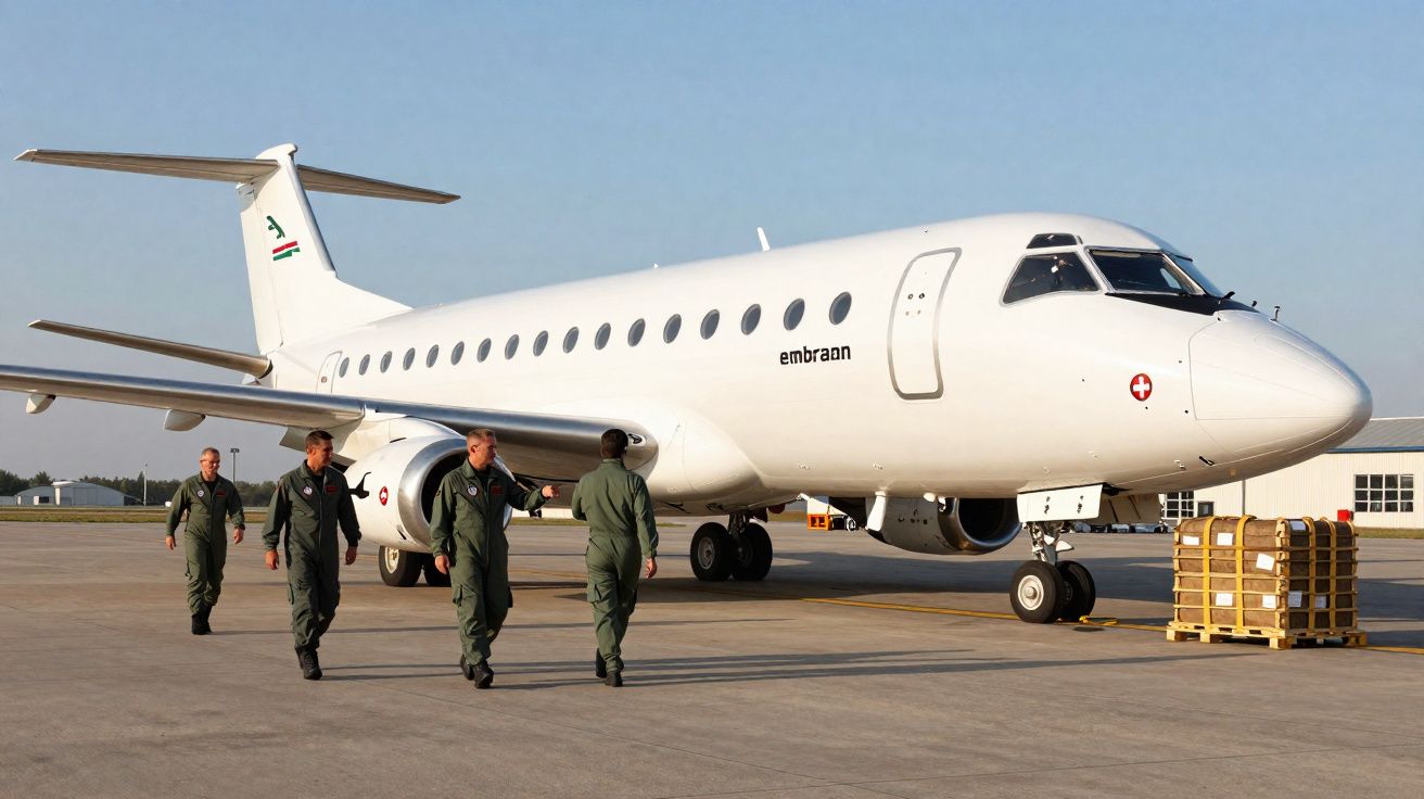 Avião branco da Embraer pousado com quatro homens em uniformes verdes caminhando ao redor no aeroporto.