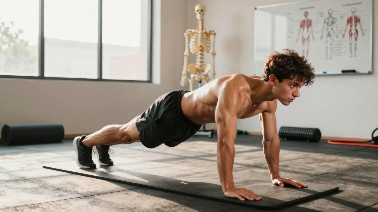 Homem fazendo prancha alta em tapete de exercício em sala de academia iluminada com esqueleto e pôster anatômico.