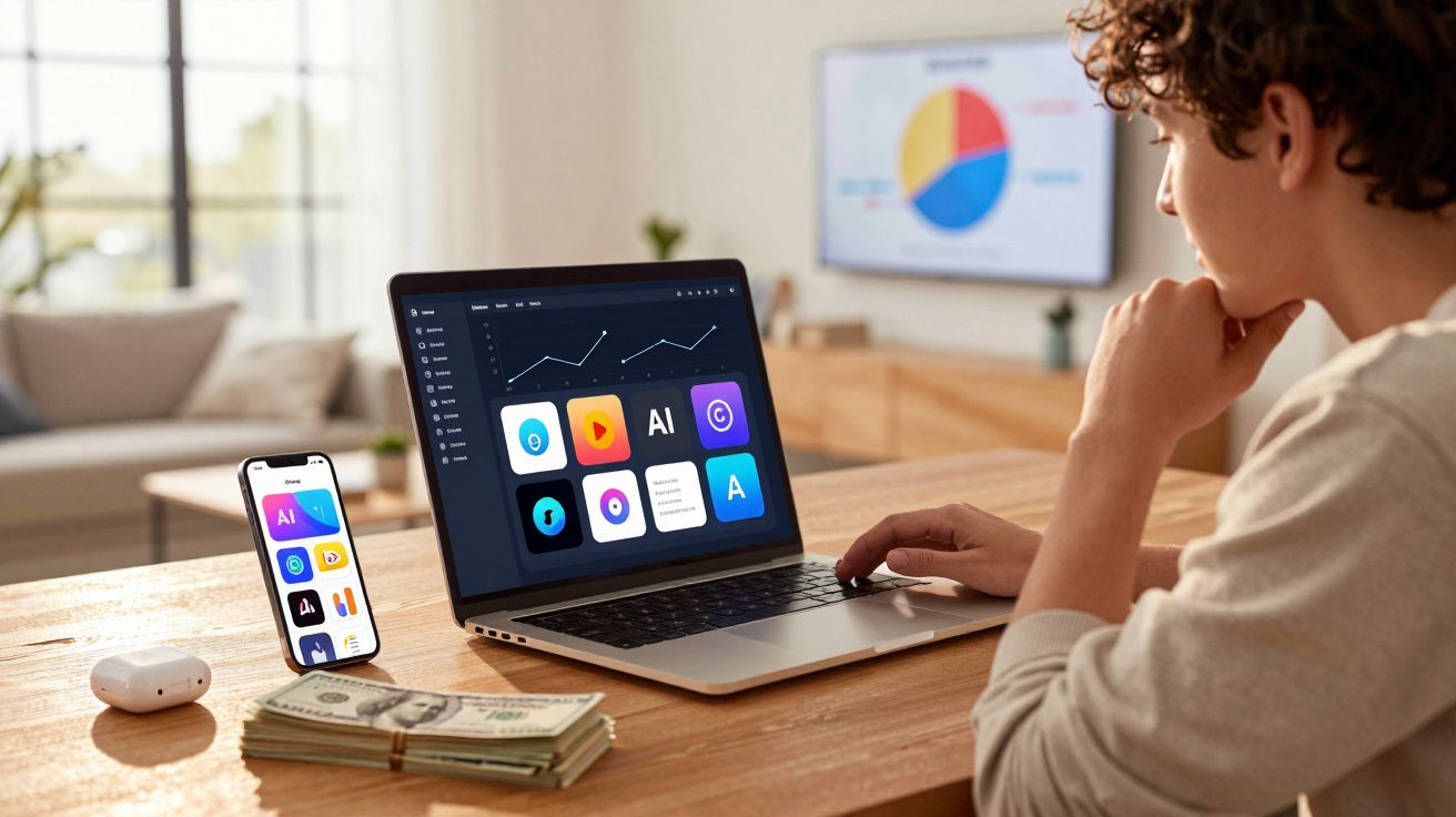 Pessoa analisando gráficos e aplicativos em laptop e smartphone, com dinheiro na mesa em ambiente caseiro.