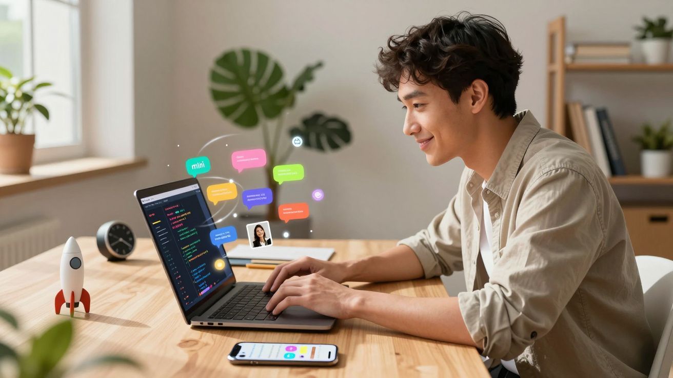 Jovem sorridente usando laptop com códigos e mensagens coloridas em hologramas à sua frente.