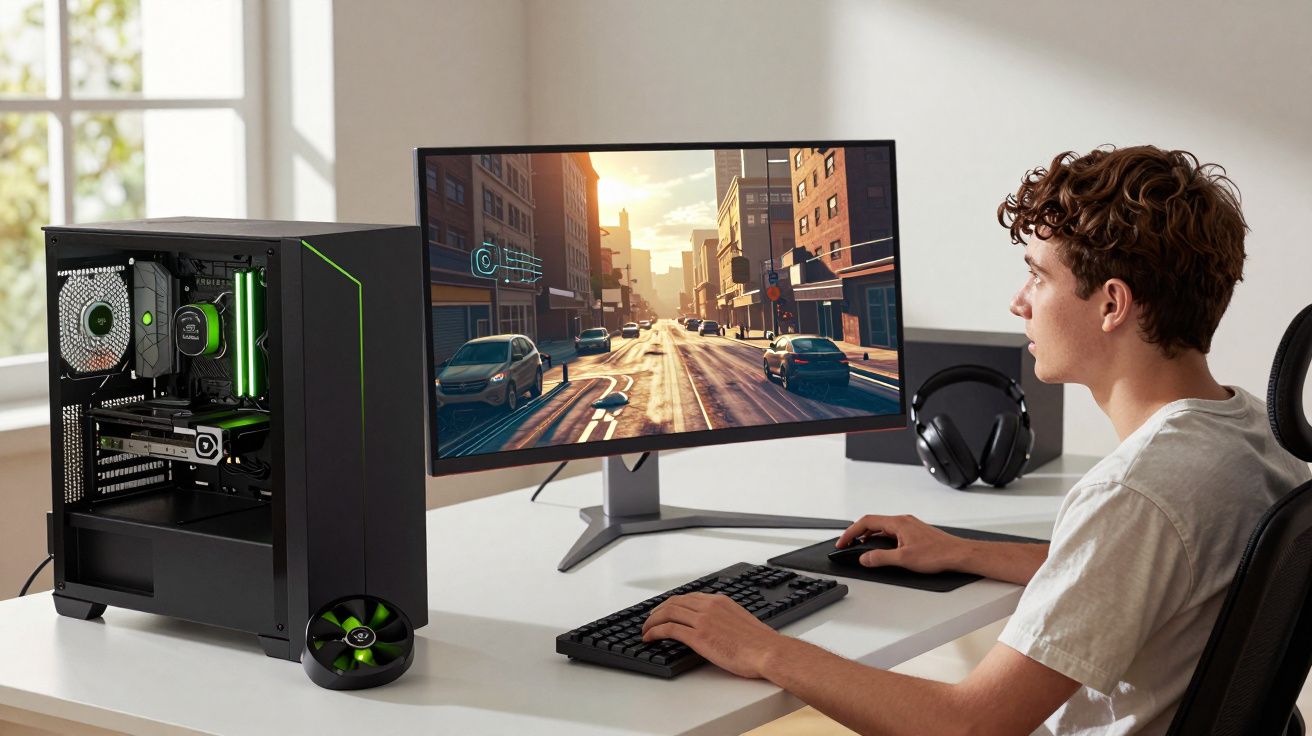 Jovem sentado jogando em computador gamer com monitor ultrawide e gabinete com iluminação verde.