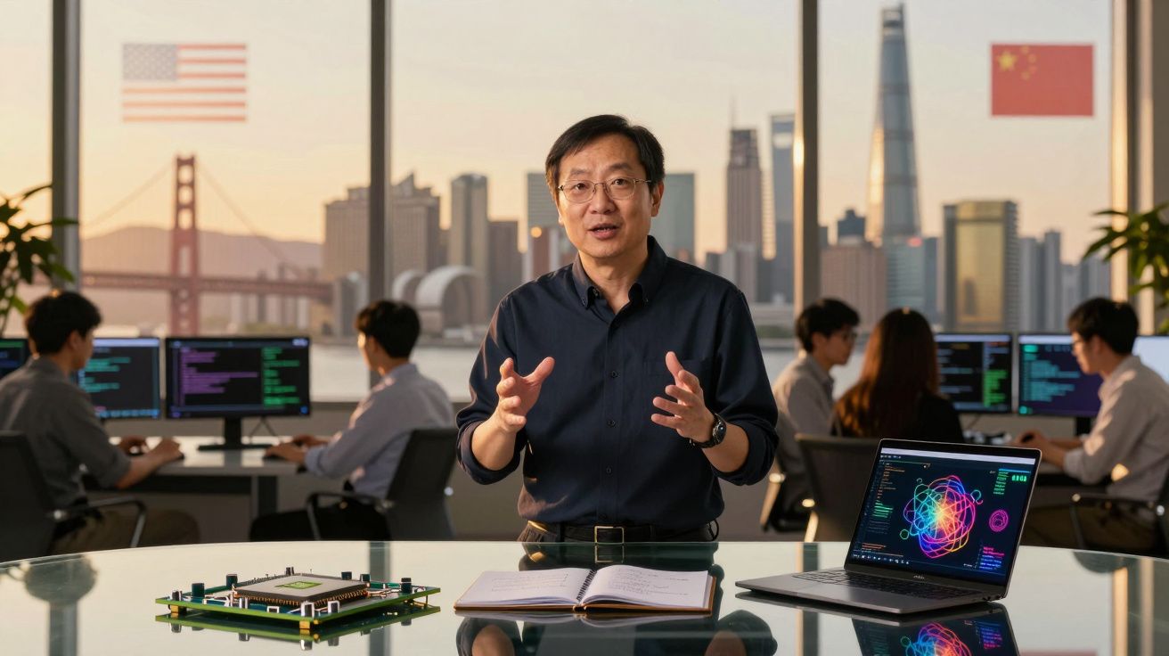 Homem asiático em escritório moderno com colegas, notebooks e bandeiras dos EUA e China ao fundo.