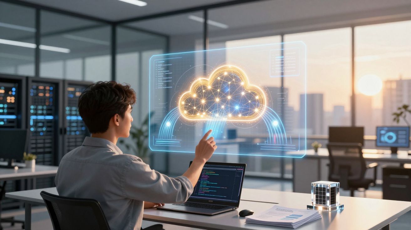 Pessoa em escritório usando holograma de nuvem digital para interagir com dados no computador portátil.