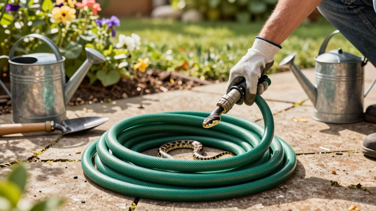 Pessoa usando luva segurando mangueira verde com cobra enrolada no jardim ao lado de regadores e flores.