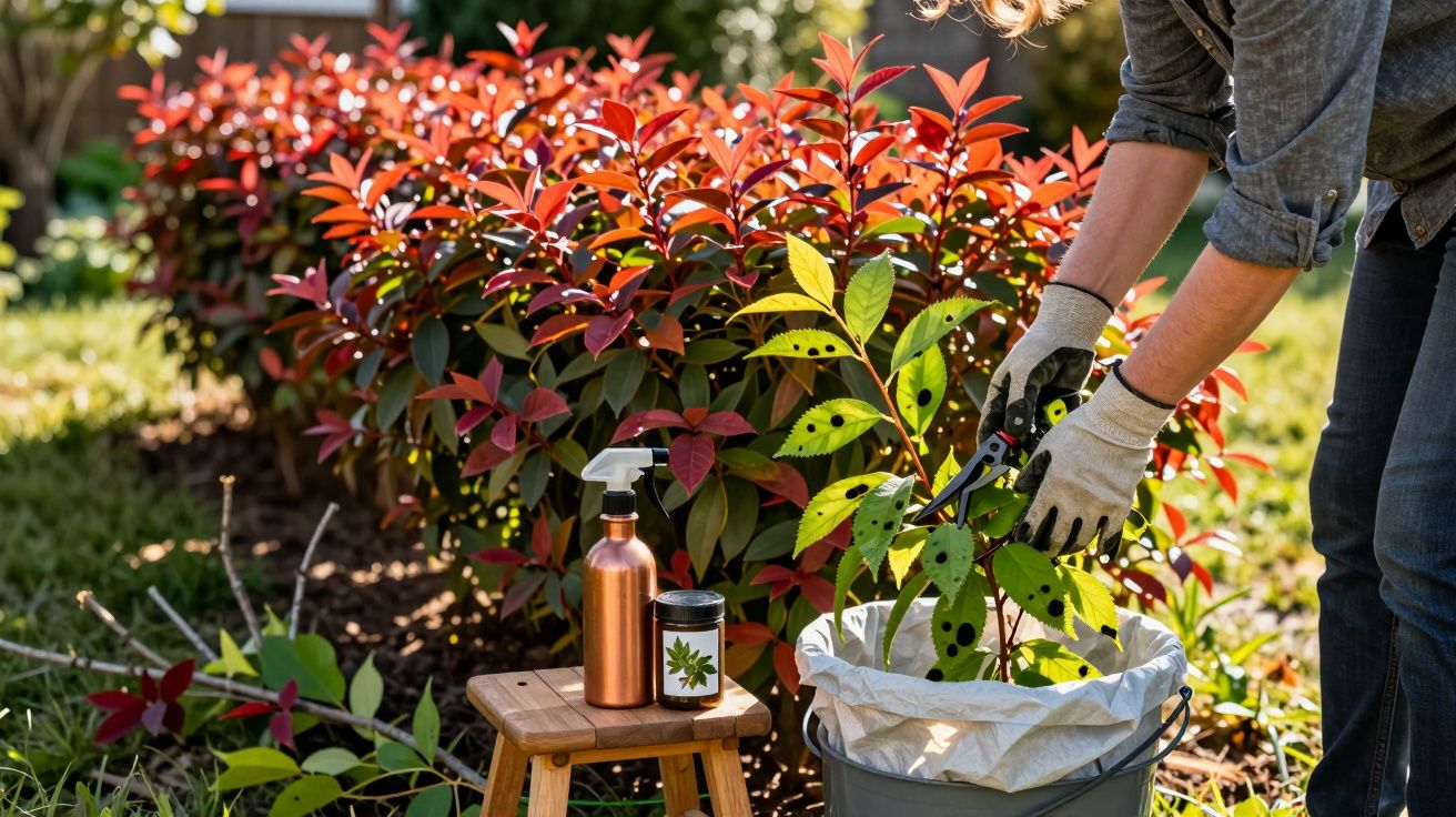 Pessoa podando folhas danificadas ao lado de jardineira com frascos e plantações coloridas ao fundo.