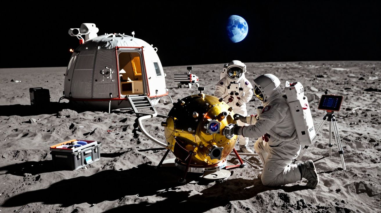 Astronautas em traje espacial realizam experimento na superfície lunar com Terra ao fundo.