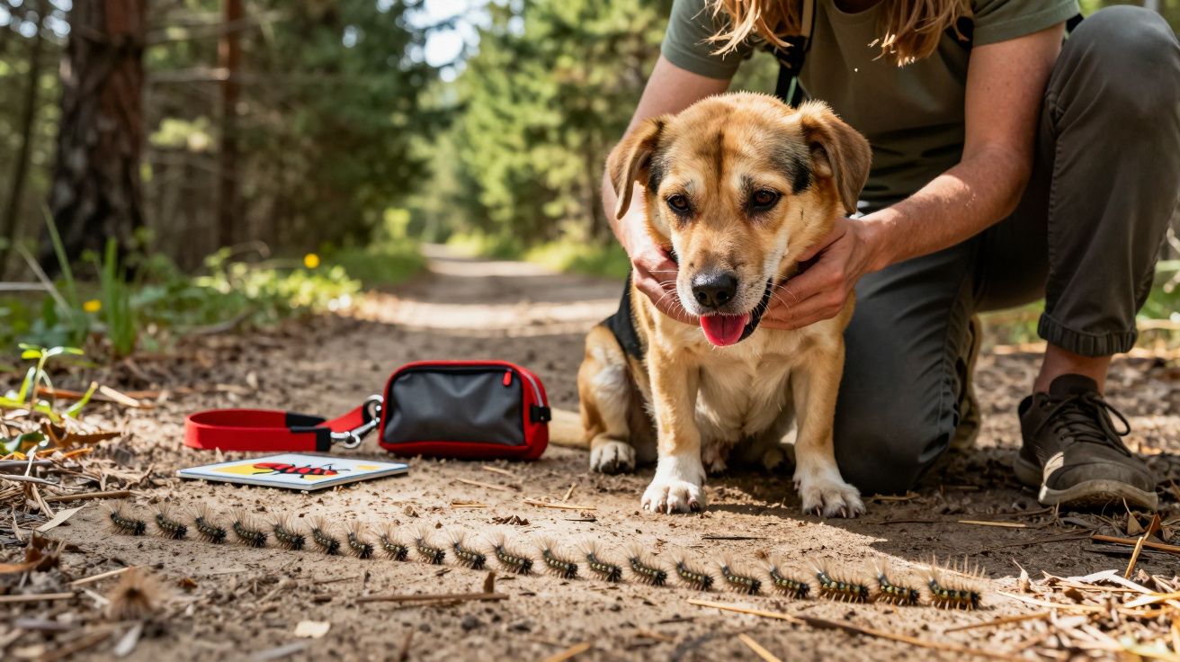 Pessoa agachada com cachorro observando uma fila de lagartas em trilha na floresta.
