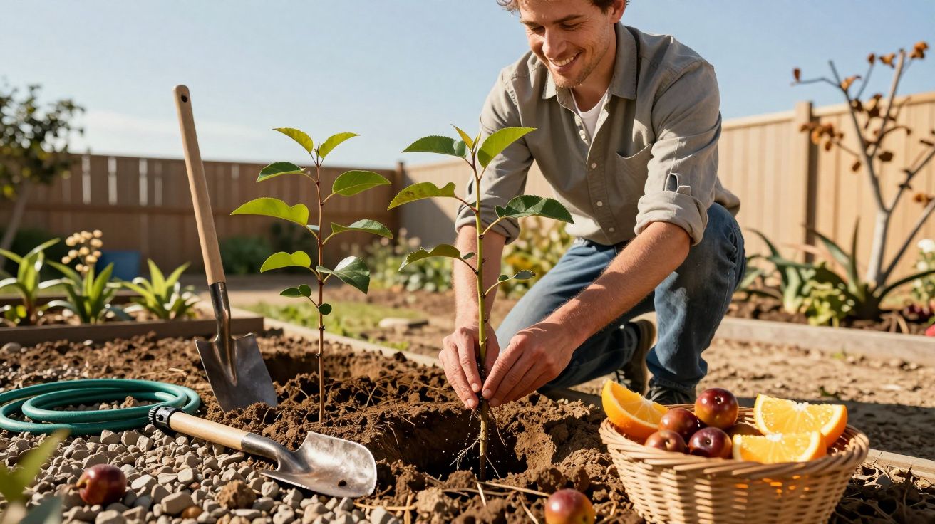 Homem sorridente plantando muda de árvore em jardim ensolarado com cesta de frutas ao lado.