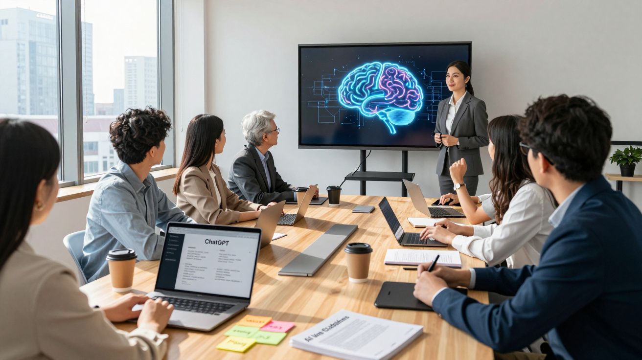 Grupo diversificado em reunião de escritório com apresentação sobre cérebro em tela digital.