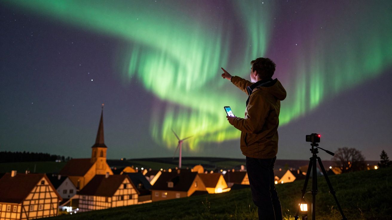 Pessoa apontando para aurora boreal verde em céu noturno sobre vila com câmeras e moinhos ao fundo.