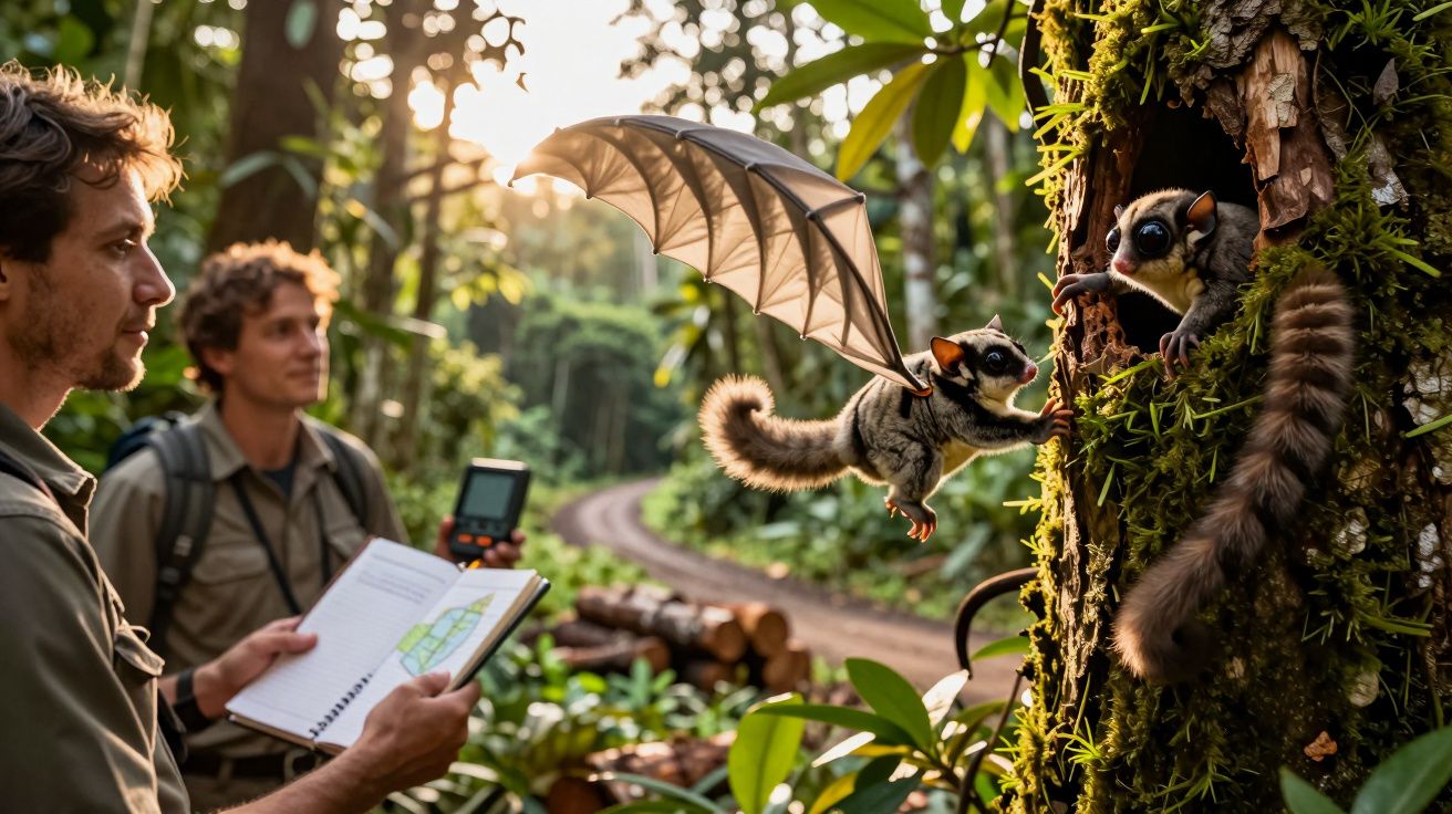 Dois pesquisadores observam em floresta animal com asas de morcego voando em direção a outro animal no tronco.