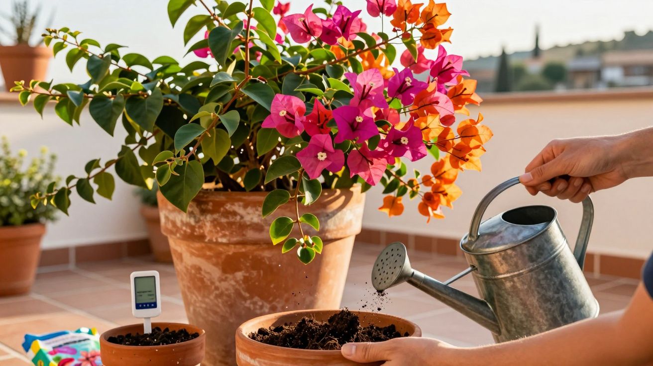 Pessoa regando planta com flores rosa e laranja em vasos de barro em varanda ensolarada.