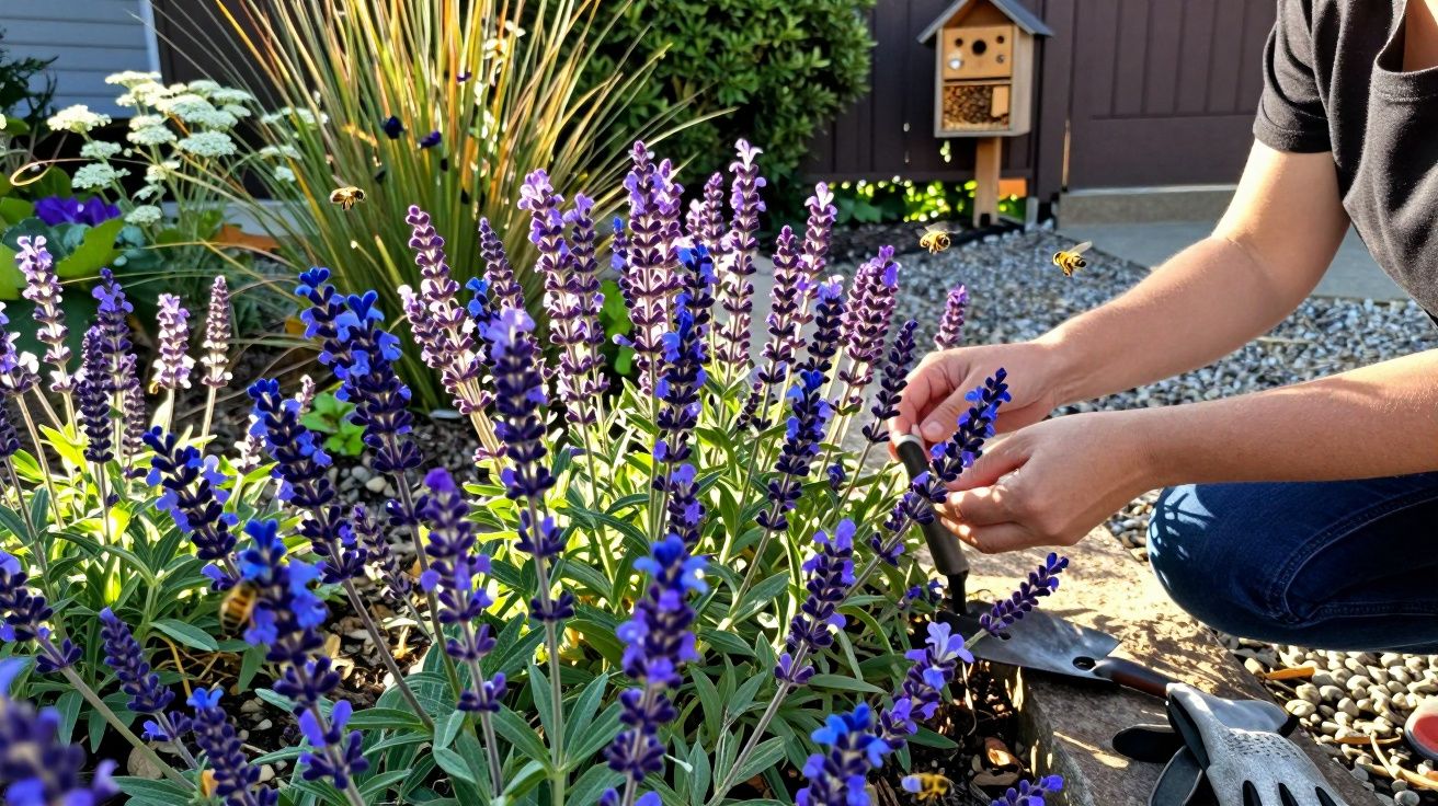 Pessoa cuidando de flores roxas em jardim, com várias abelhas voando ao redor.