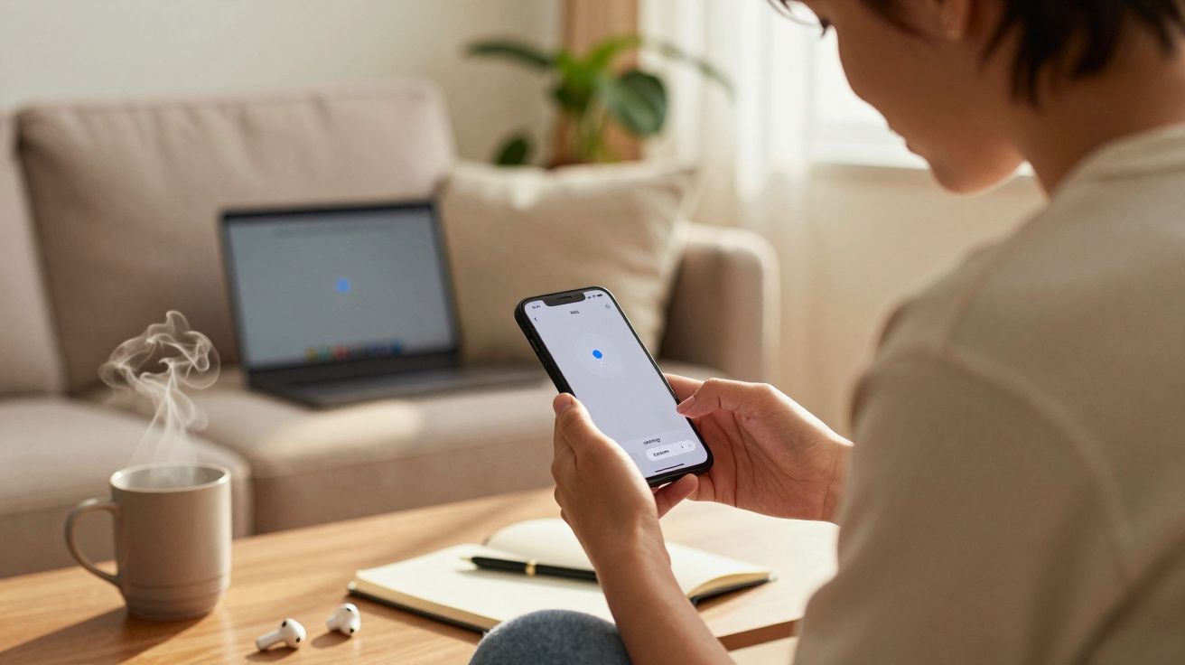 Pessoa usando celular sentada à mesa com notebook, caderno, caneta, fones e xícara de café fumegante.