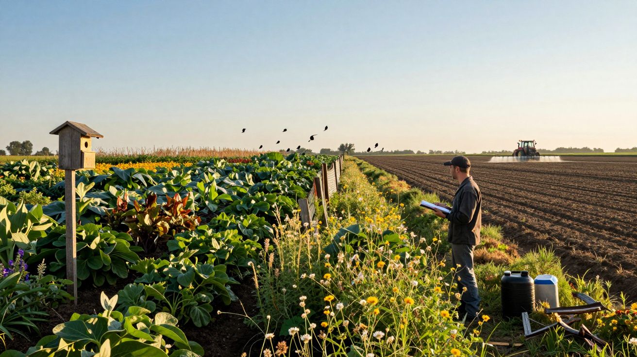 Homem com caderno em plantação, observando vegetação e trator lavrando terra ao fundo ao pôr do sol.