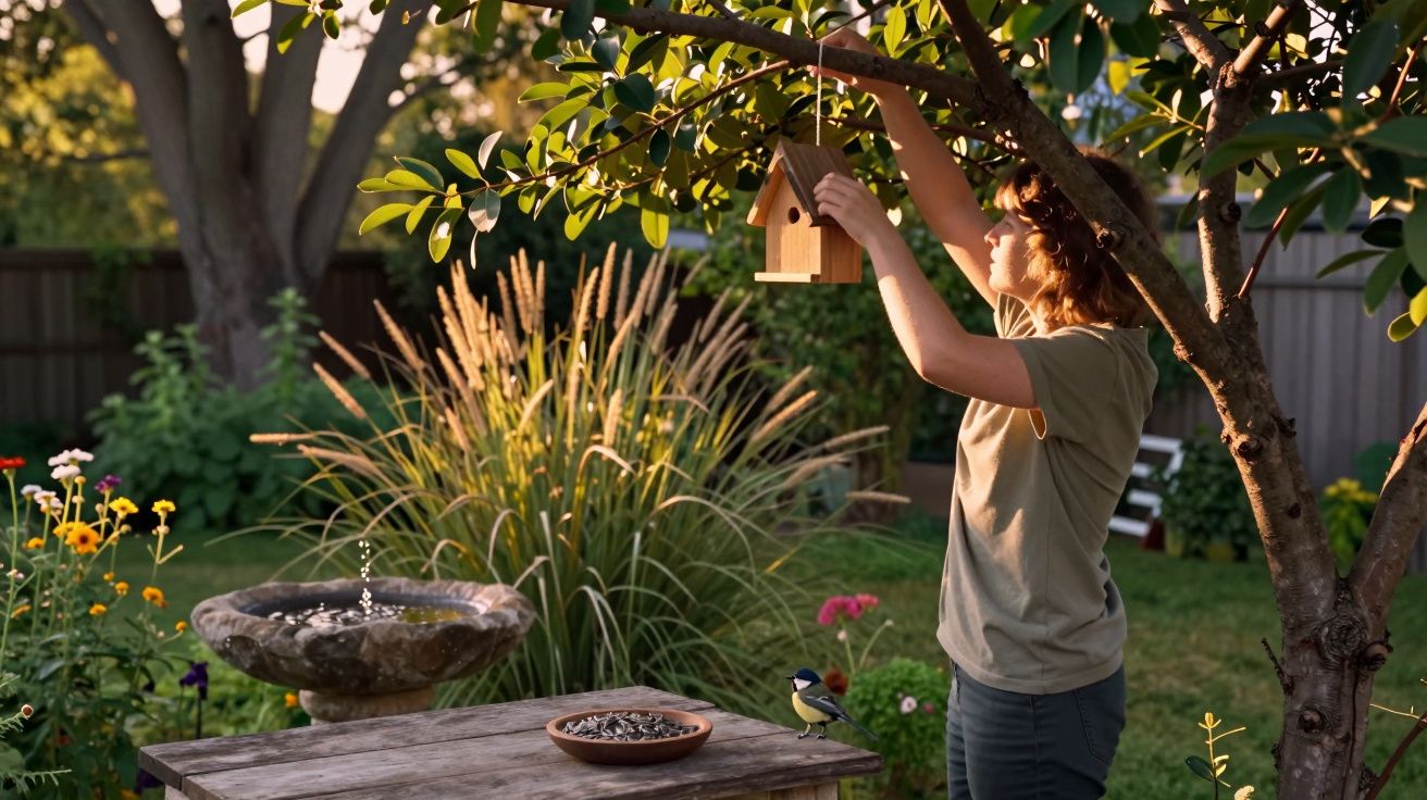 Pessoa pendurando casa de passarinho em árvore em jardim ensolarado ao entardecer.