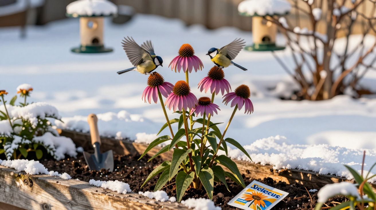 Dois pássaros pousam em flores rosas em canteiro de madeira com neve ao redor em jardim ensolarado.