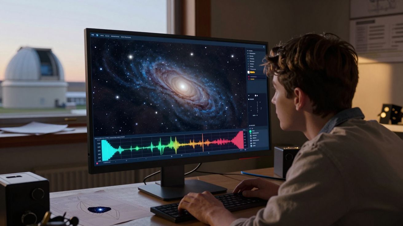 Pessoa analisando imagem de galáxia e gráficos coloridos em monitor de computador em ambiente de observatório.