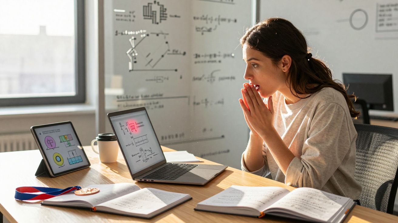 Mulher estudando matemática e engenharia em notebook e tablet com cadernos e medalha na mesa.