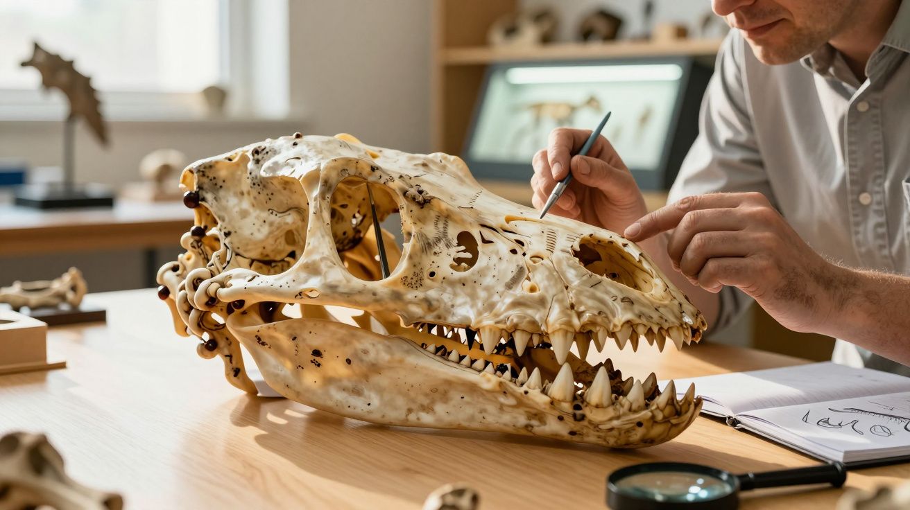 Pesquisador analisando e desenhando detalhes em um crânio fossilizado grande sobre mesa de madeira.