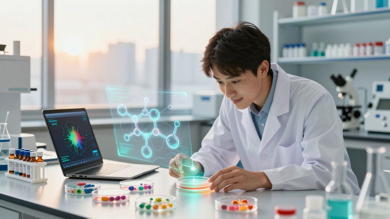 Cientista em laboratório analisando amostras em placas de Petri com holograma de molécula ao lado.