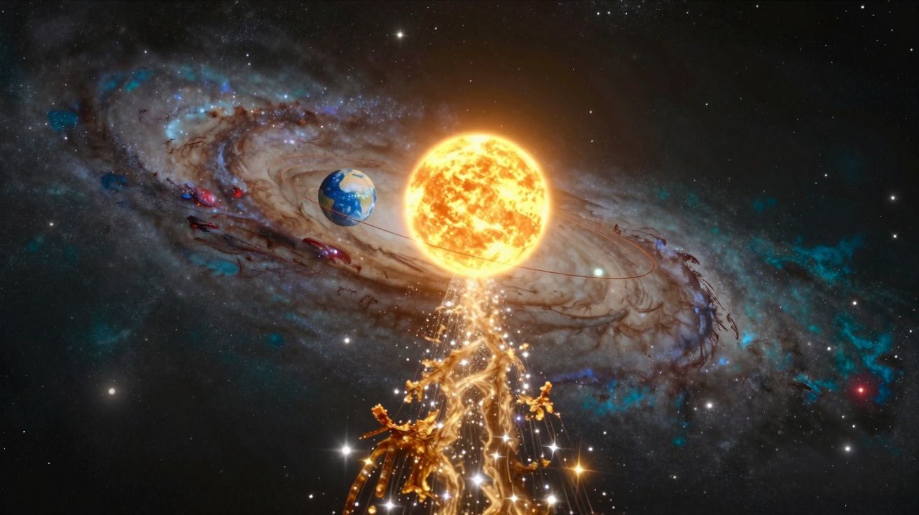 Ilustração do Sol irradiando energia na galáxia, com a Terra orbitando ao redor.