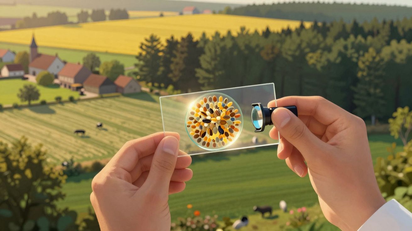 Mãos seguram lupa e placa transparente com sementes, campo agrícola e fazenda ao fundo em dia ensolarado.