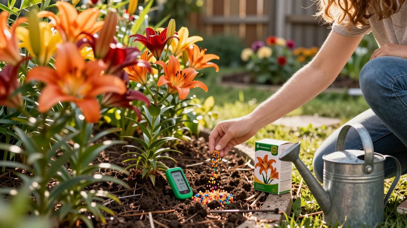 Pessoa aplicando fertilizante granulado colorido em canteiro de lírios laranja no jardim.