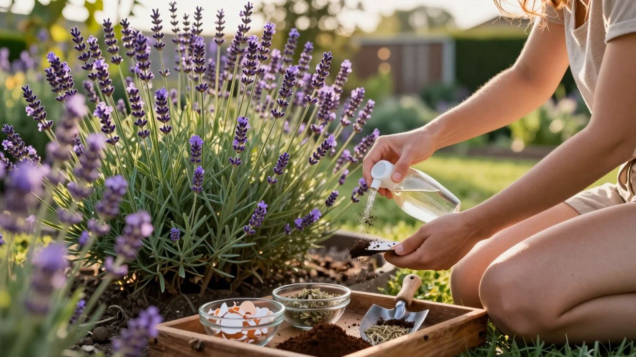 Pessoa aplicando spray em sementes para plantar perto de flores de lavanda num jardim ao ar livre.
