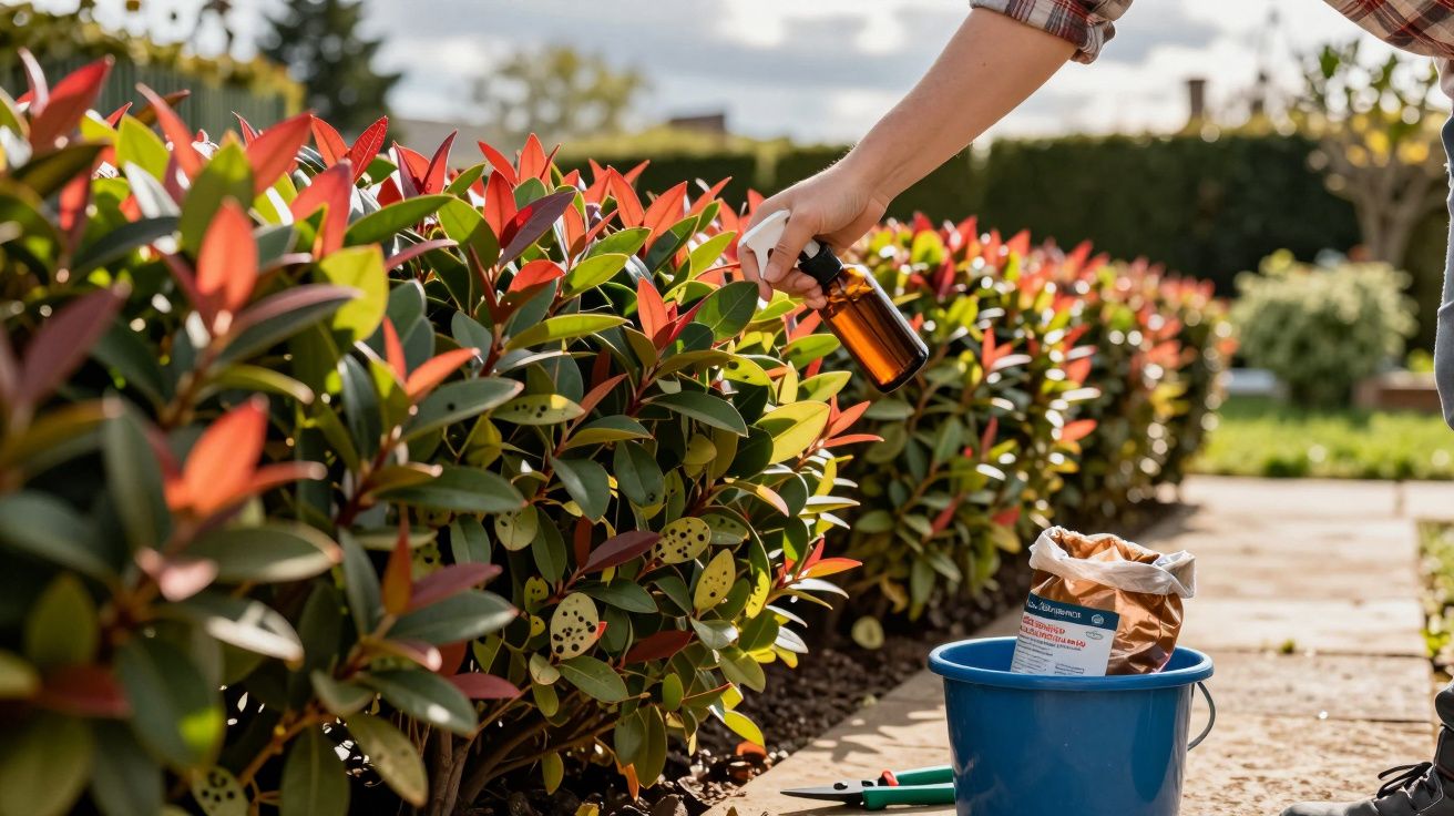 Pessoa pulverizando plantas com frasco em jardim ensolarado, ao lado de balde azul com adubo e ferramentas.