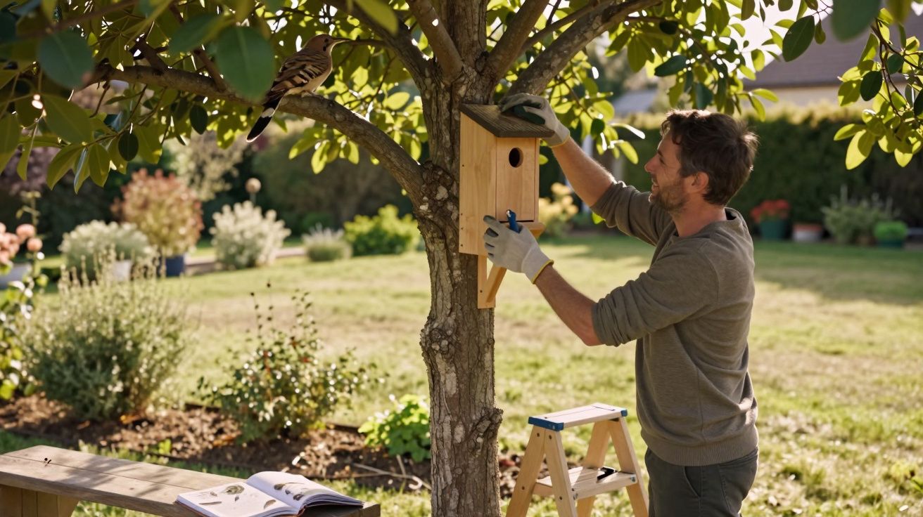 Homem instalando uma casinha de passarinho em árvore durante dia ensolarado no jardim.