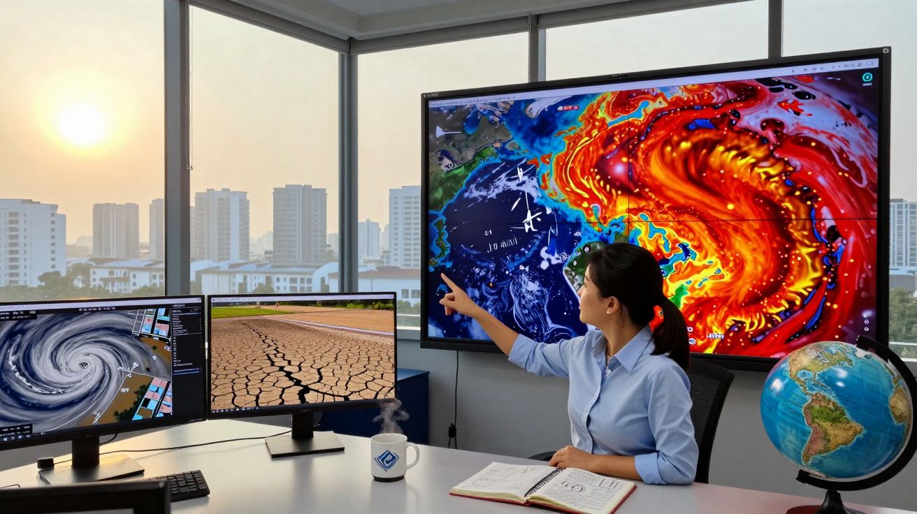 Mulher analisando mapas climáticos em múltiplas telas em escritório moderno com globo terrestre na mesa.