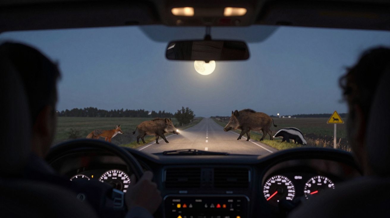 Motoristas observam javalis, raposa e texugo atravessando estrada rural à noite com lua cheia no céu.